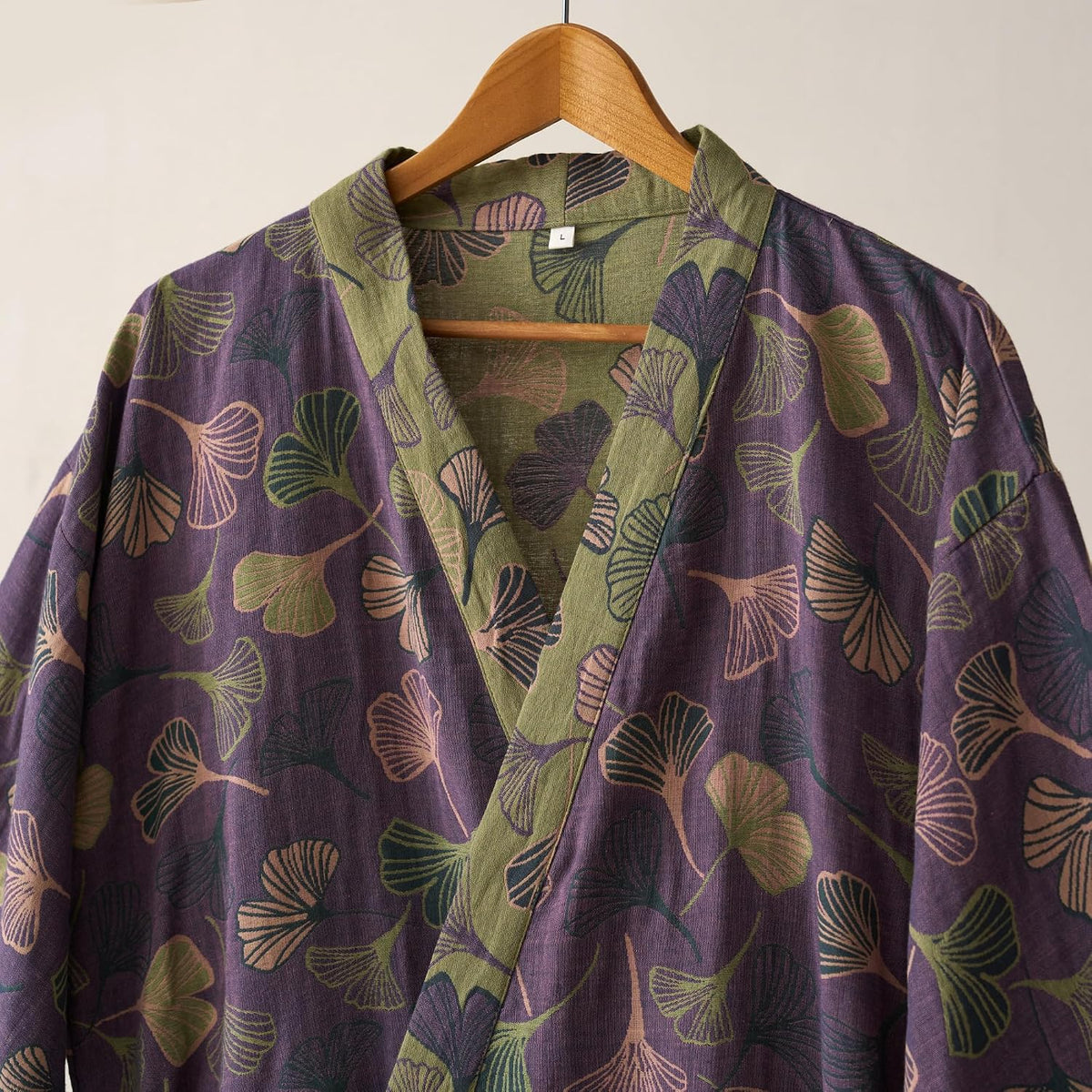 100% Cotton Gauze Ginkgo Leaf Kimono Robe, Long Knit Loose Loungewear Bathrobe Nightgown Ladies Sleepwear for Women