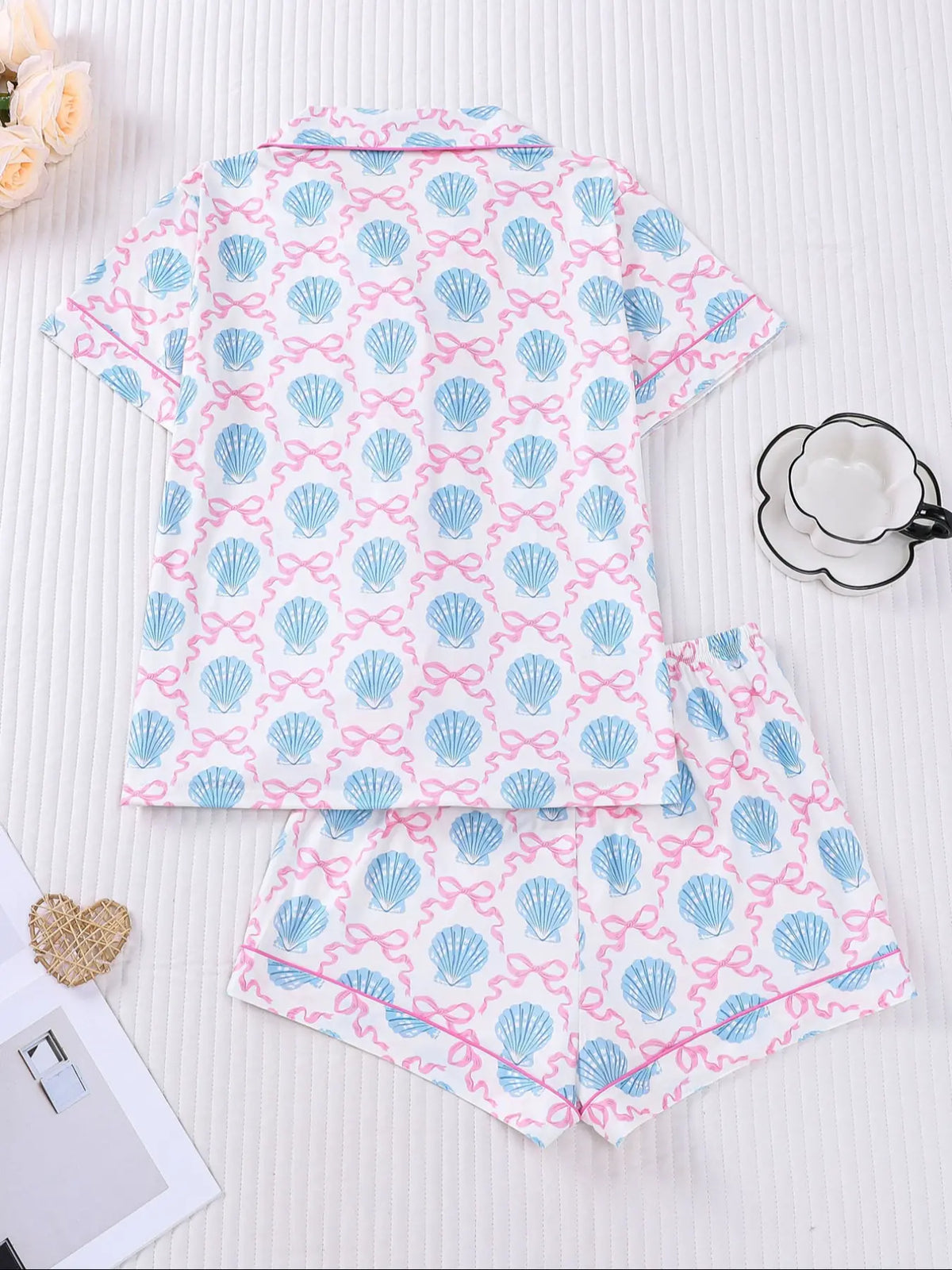 Women's 2-Piece Pajama Set, Shell Butterfly Print, Casual Fitted Top & Elastic Shorts, Comfortable Home Wear, Perfect Gift, Knit Loungewear Pajamas