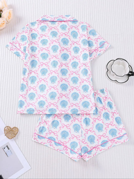 Women's 2-Piece Pajama Set, Shell Butterfly Print, Casual Fitted Top & Elastic Shorts, Comfortable Home Wear, Perfect Gift, Knit Loungewear Pajamas