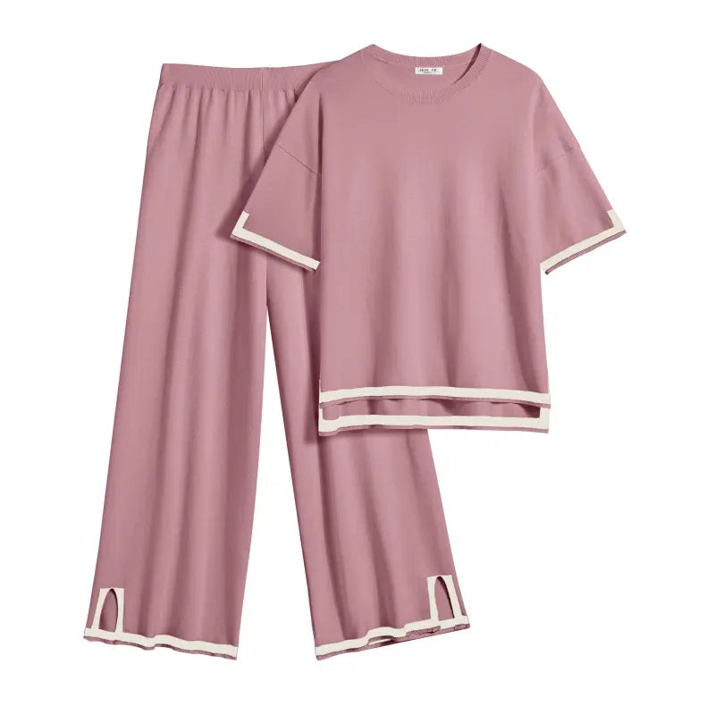 Ekouaer Women's 2-Piece Soft Solid Knitting Rayon Loungewear Set - Crew Neck Pullover Sweater Top with Patchwork Sleeves, Wide Leg Tracksuit Pants with Split Design, Casual Nightwear