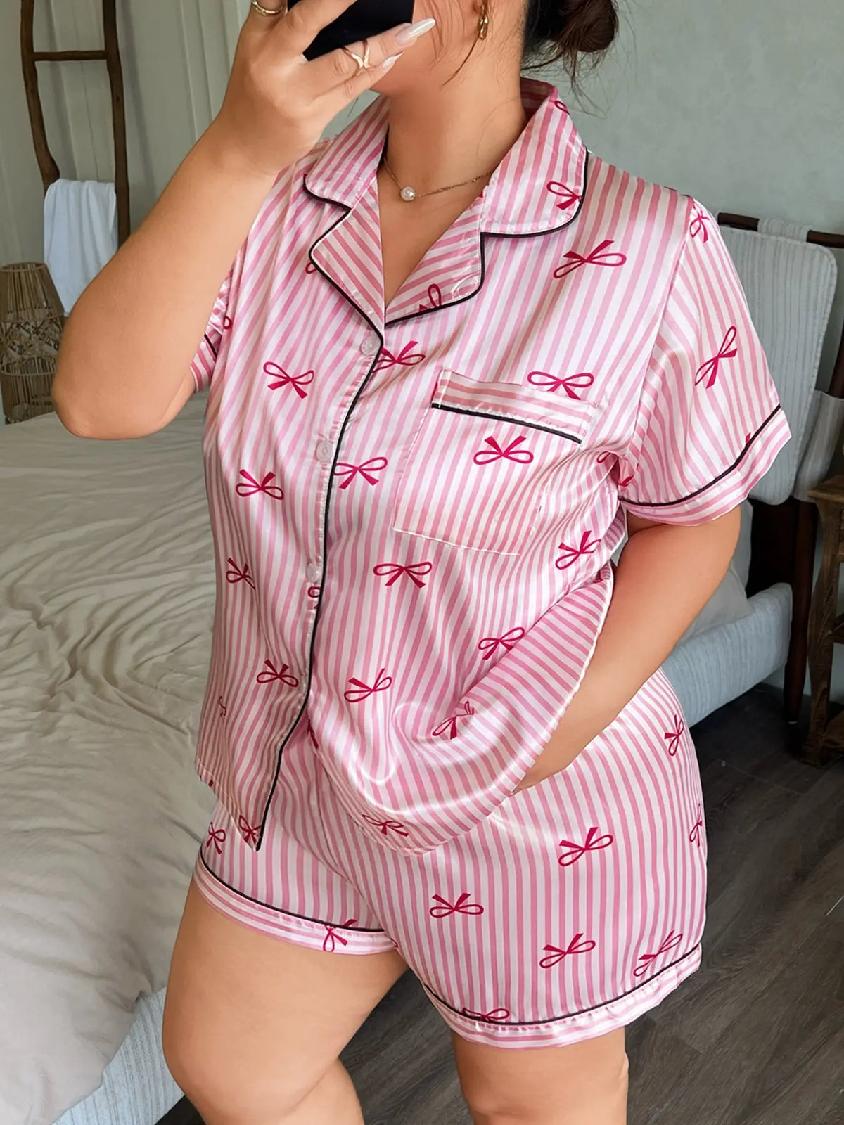 Women's Plus Size Satin Pajama Set, Cute Striped Butterfly Print, Summer Short Sleeve Collared Top and Bow Shorts, Casual Home Wear, Loungewear Sleepwear Set, Shorts Pajamas Set