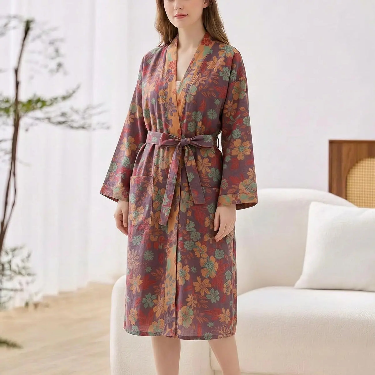 Arssm Women Cotton Gauze Robes Jacquard Japanese Yukata Muslin Kimono Robe Bathrobe Loungewear Sleepwear