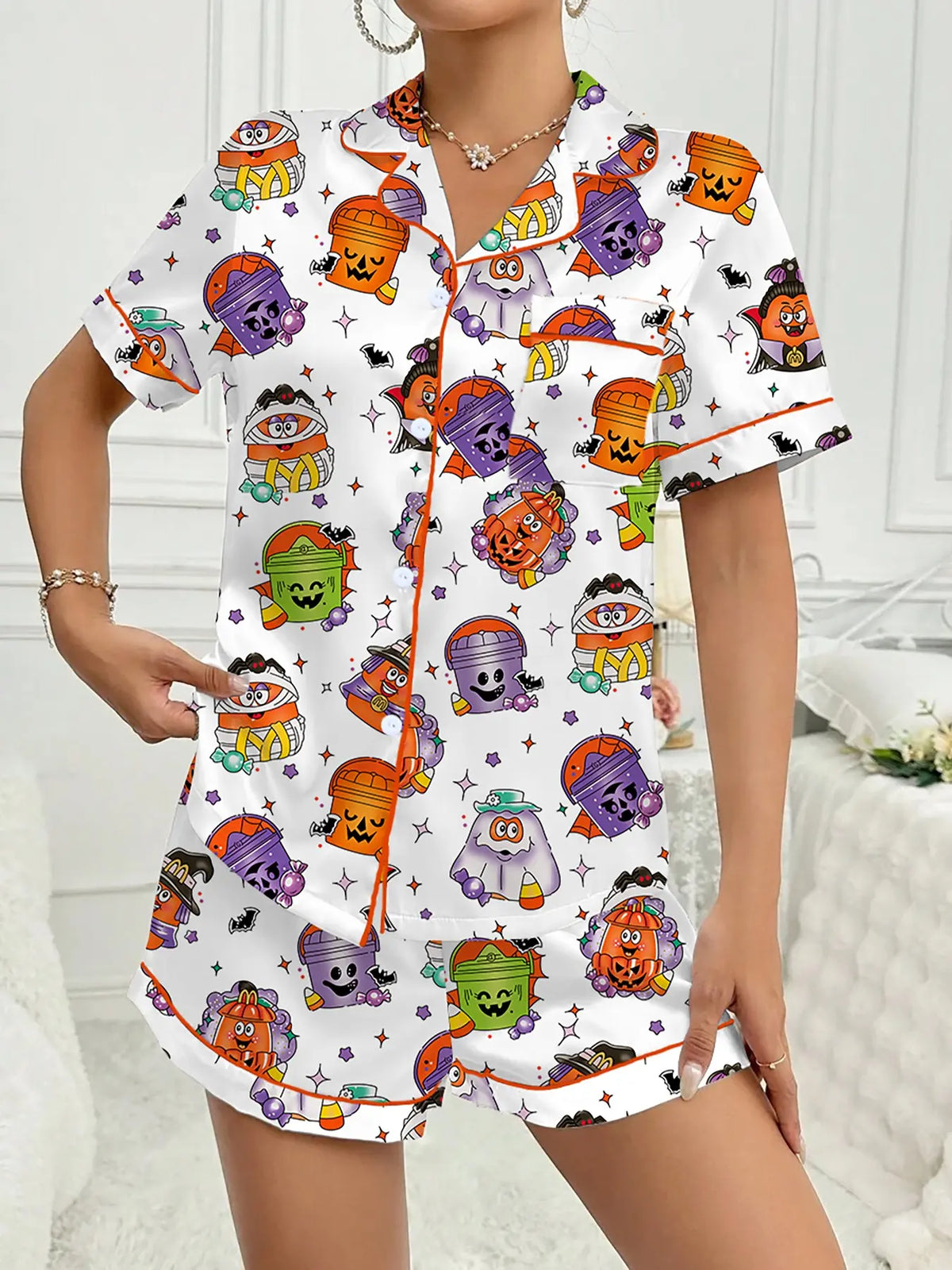 【Halloween】Women's Halloween Print Pajama Set, Printed Pajama Set, Casual Comfy Short Sleeve Top & Shorts Set, Ladies Sleepwear for All Seasons, Party Style Loungewear