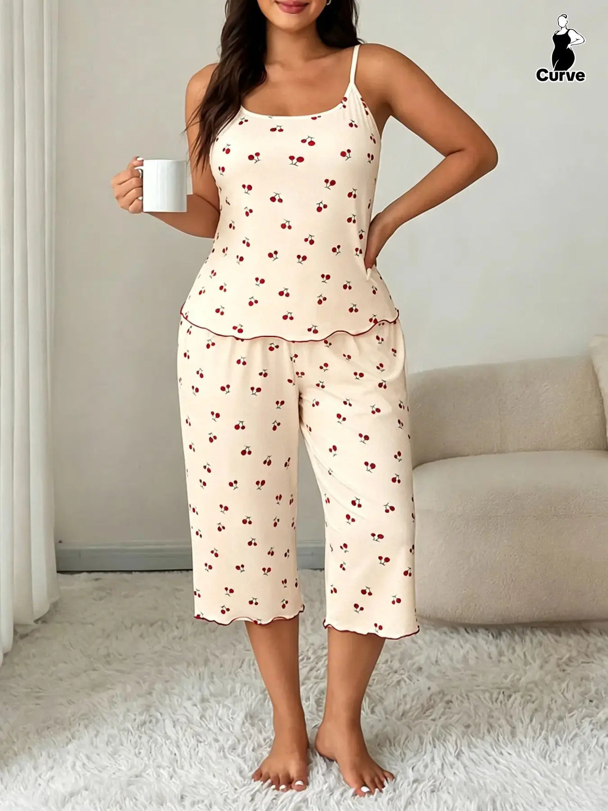 Women's Cherry Print Sleeveless Pajama Set, Cami Top & Wide-Leg Pants, Comfortable Stretch Sleepwear & Loungewear for All Seasons