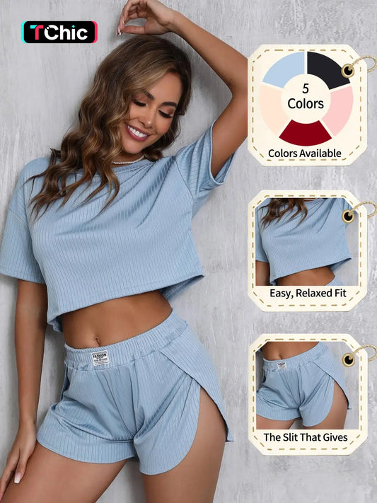 Women's Solid Elastic Ribbed Crop Tee & Shorts Slit Pajama Two-piece Set, Casual Comfy Fit Short Sleeve T-shirt & Shorts, Ladies Summer Sleepwear Loungewear, Homewear, Pjs, Pyjamas Set, Aesthetic