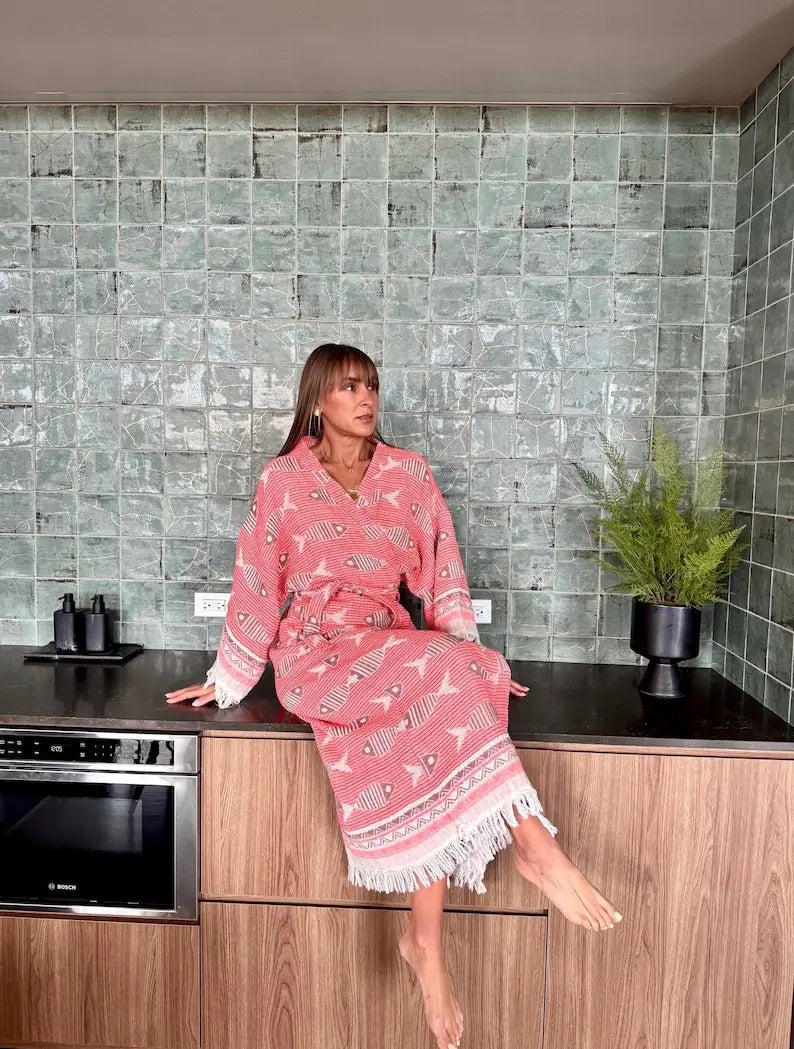 Handwoven Organic Cotton Kimono Robe, Fish Print Robe, Beach Cover-Up , Gift for Her