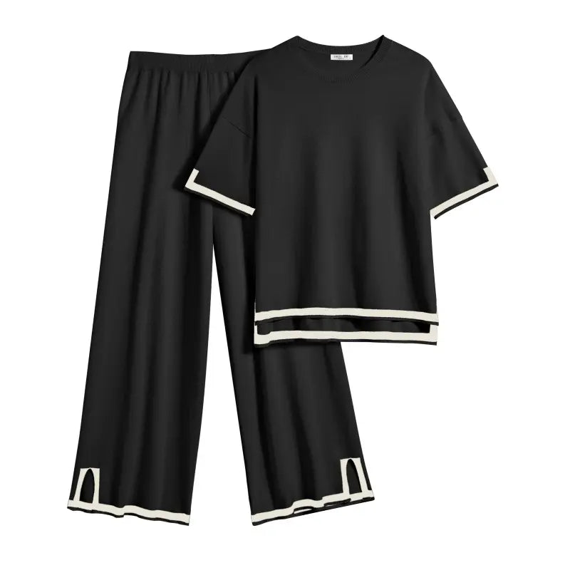 Ekouaer Women's 2-Piece Soft Solid Knitting Rayon Loungewear Set - Crew Neck Pullover Sweater Top with Patchwork Sleeves, Wide Leg Tracksuit Pants with Split Design, Casual Nightwear