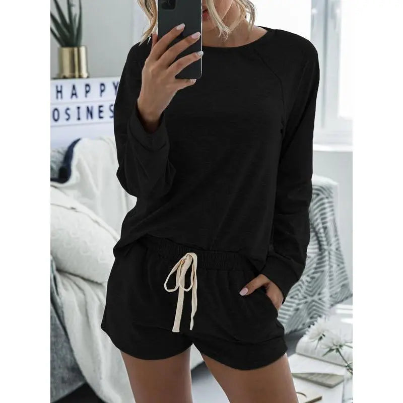 Women's Solid Raglan Sleeve Tee & Drawstring Waist Shorts Loungewear Two-piece Set Pajama Set, Casual Comfy Round Neck Top & Pocket Shorts PJ Set, Ladies Sleepwear for Spring & Fall