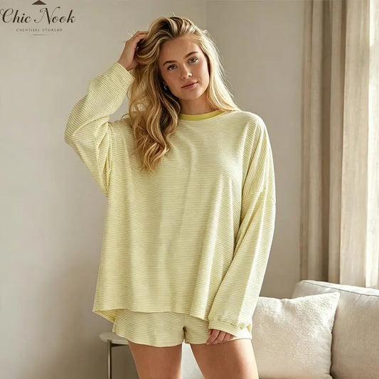 Women's Striped 2 Piece Lounge Set Oversized Long Sleeve T-Shirts Drawstring High Waisted Shorts Summer Pajama Sets