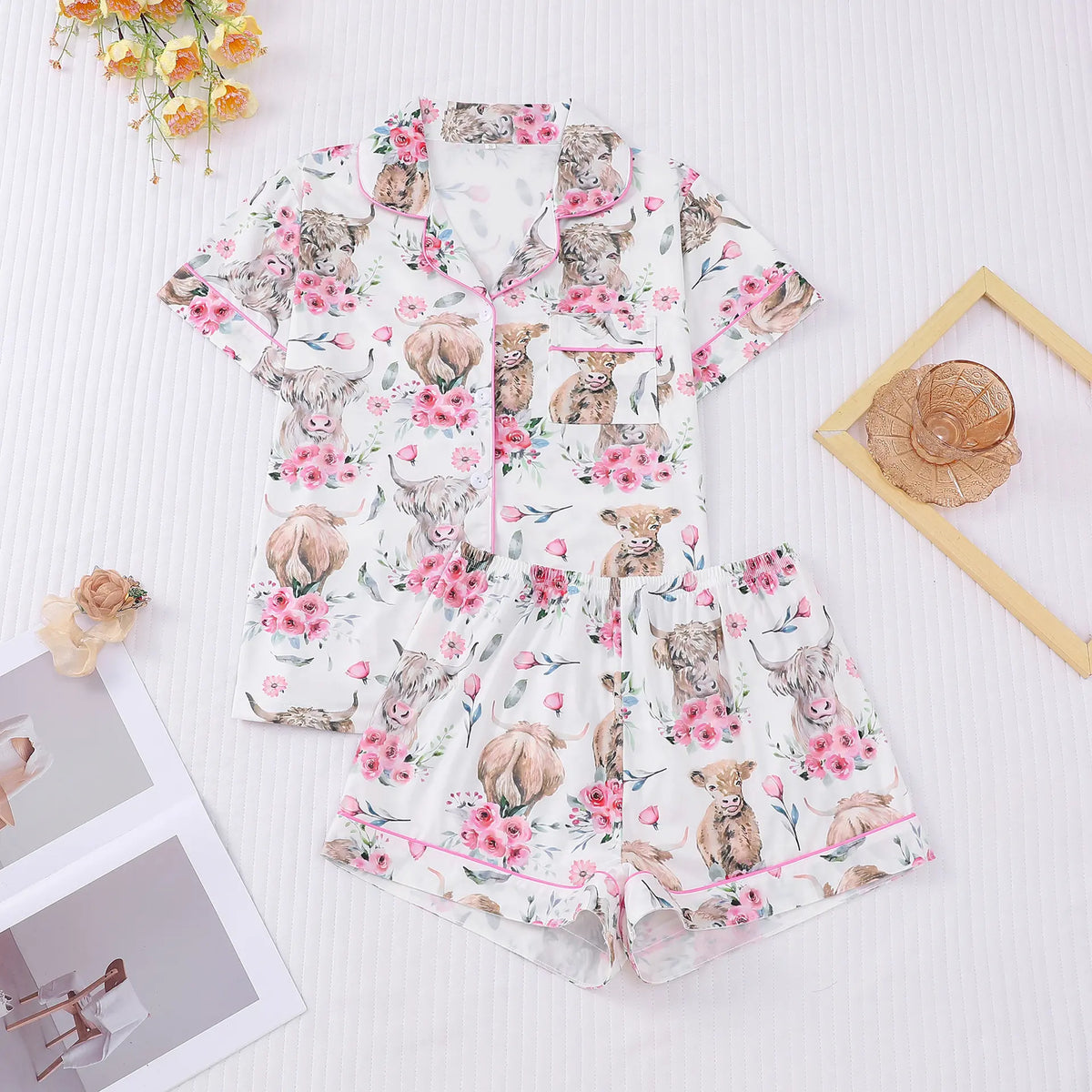 Msrlassn Women's Halloween Print Lapel Neck Pajama Set Casual Comfy Short Sleeve Top & Shorts Pj Set Ladies Sleepwear for All Seasons Loungewear