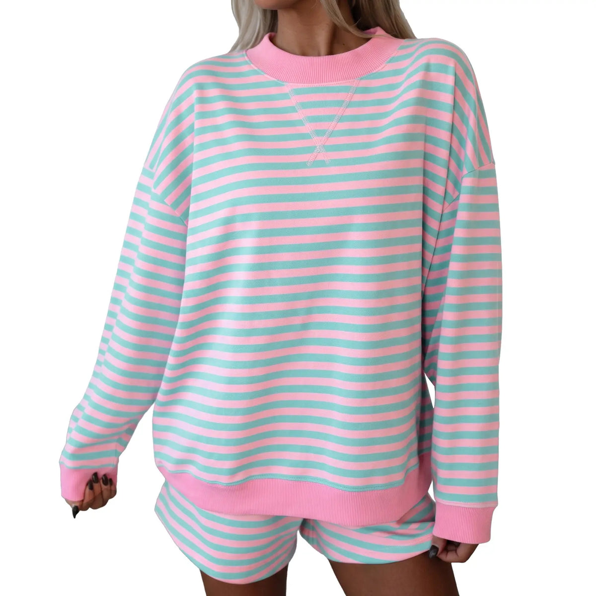 Mntaor Women’s Stripe Color Block Long Sleeve Pullover & Elastic Waist Shorts 2-Piece Set Cozy Chic Loungewear Pajama for Home Errands Casual Weekend Vibes Nightwear Womenswear