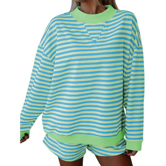 Mntaor Women’s Stripe Color Block Long Sleeve Pullover & Elastic Waist Shorts 2-Piece Set Cozy Chic Loungewear Pajama for Home Errands Casual Weekend Vibes Nightwear Womenswear