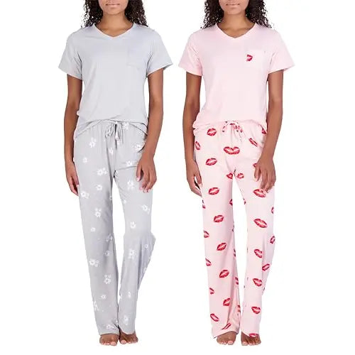 Real Essentials 2 Pack: Women's Comfy Pajama Sets - Short Sleeve Ladies Loungewear Sleepwear PJs (Available In Plus)
