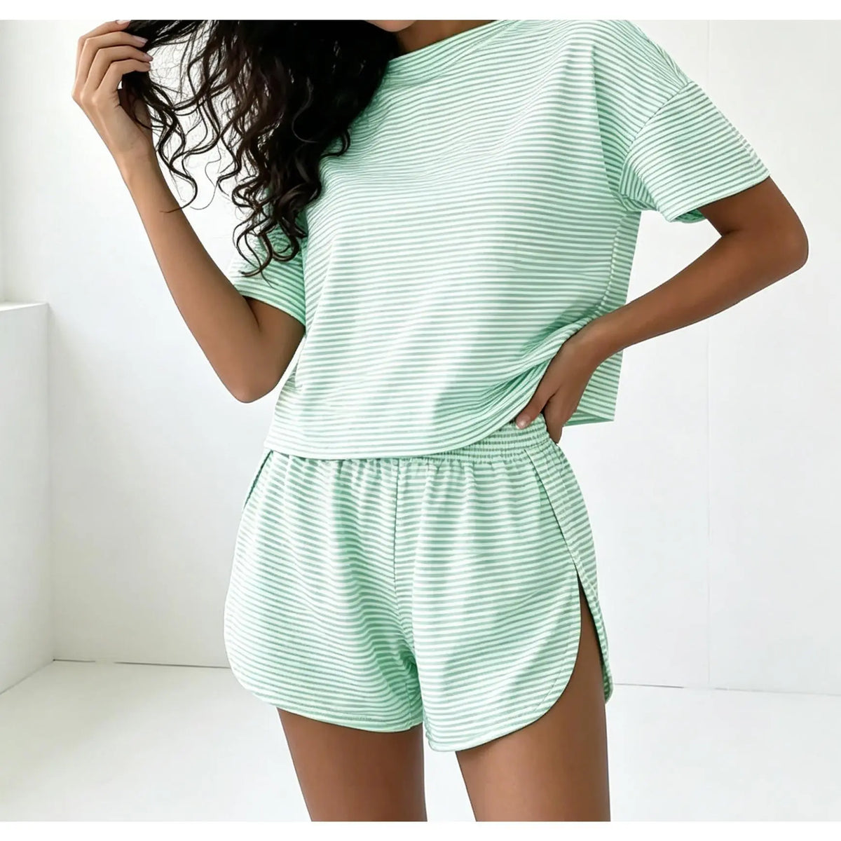 Women's 2-Piece Knitted Nightwear & Loungewear Set - Round Neck Short-Sleeve Loose Top, Split Shorts, Casual Home Wear with Playful Contrasting Stripes, Sohochic