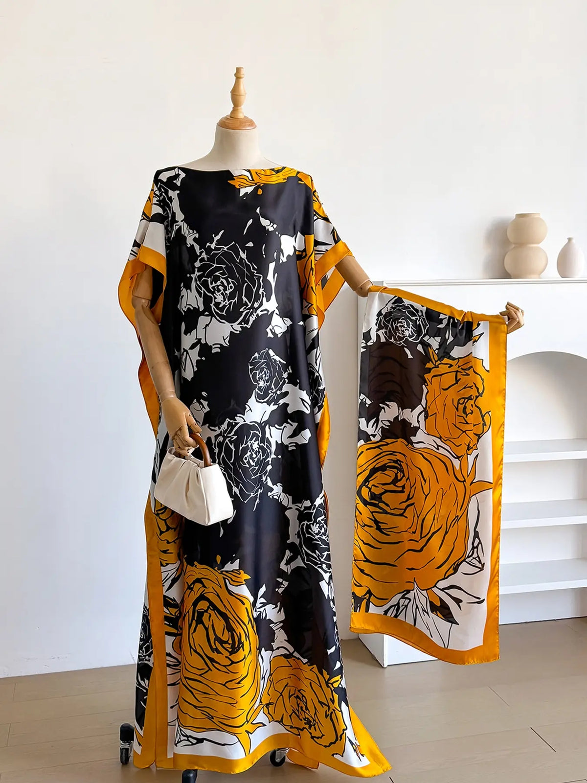 Elegant Floral Print Long Robe Set for Women, Spring Summer Casual Loose Fit, Sun Protection Satin Scarf Included