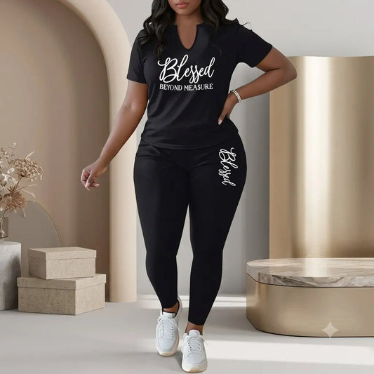 Women's Plus Size 2-Piece Soft Beach Loungewear Set - V-Neck Short Sleeve Top, Fabric-Fit Leggings for Casual Wear