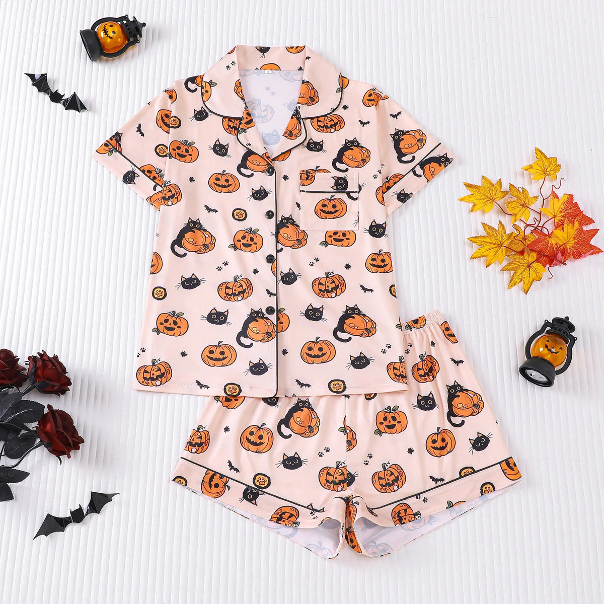 Msrlassn Women's Halloween Print Lapel Neck Pajama Set Casual Comfy Short Sleeve Top & Shorts Pj Set Ladies Sleepwear for All Seasons Loungewear