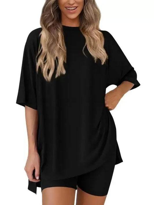 Women's 2-Piece Casual Loungewear Set - 3/4 Sleeve Top, Elastic Waist Above-the-Knee Shorts, Basic Design, Polyester & Modal Fabric, Pajamas, Matching Sets, Sohochic