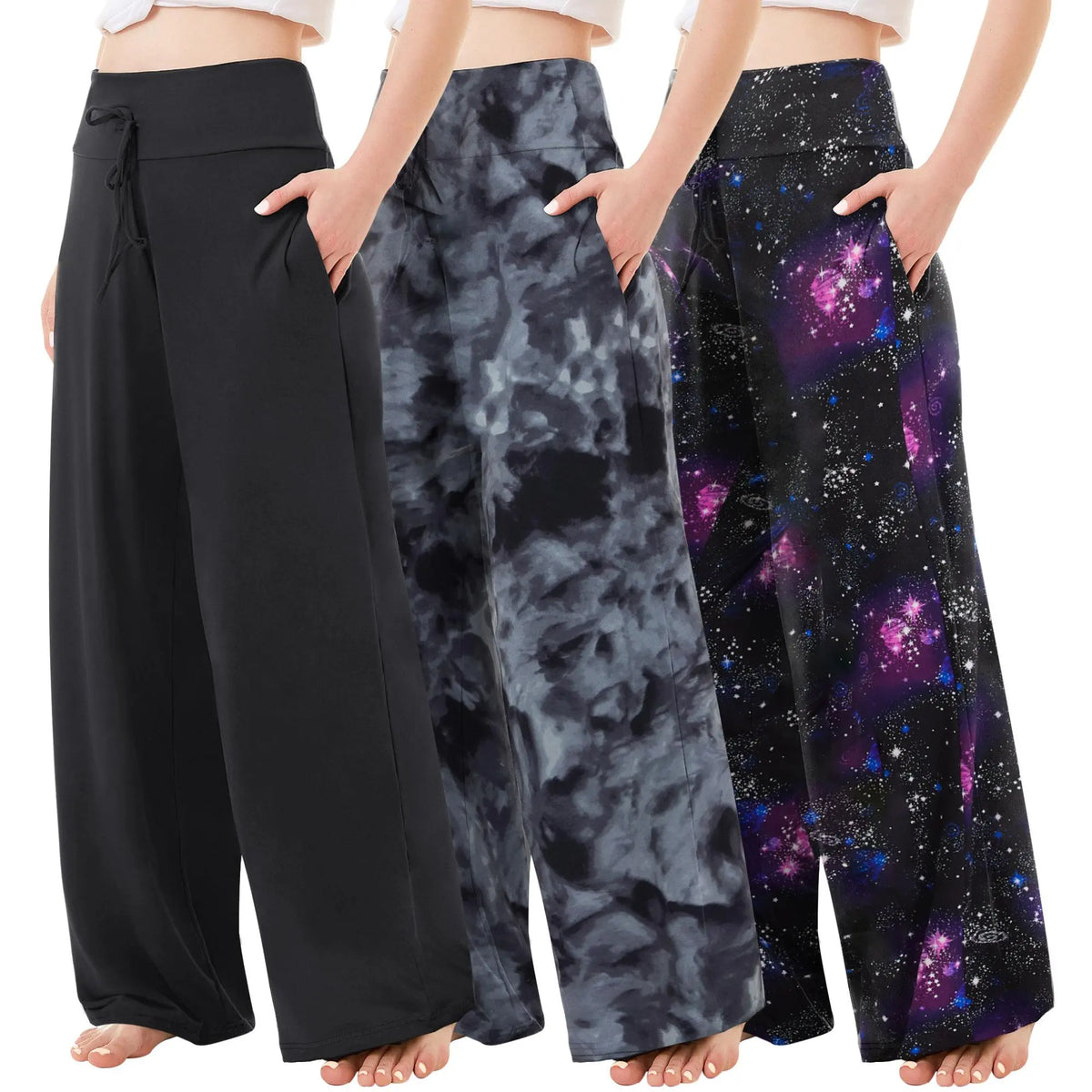 SHOWITTY Women's Plus Size 3-Pack Comfy Wide Leg Pajama Pants - Soft 4-Way Stretch High Waist Nightwear for Yoga, Loose Loungewear, Plussize