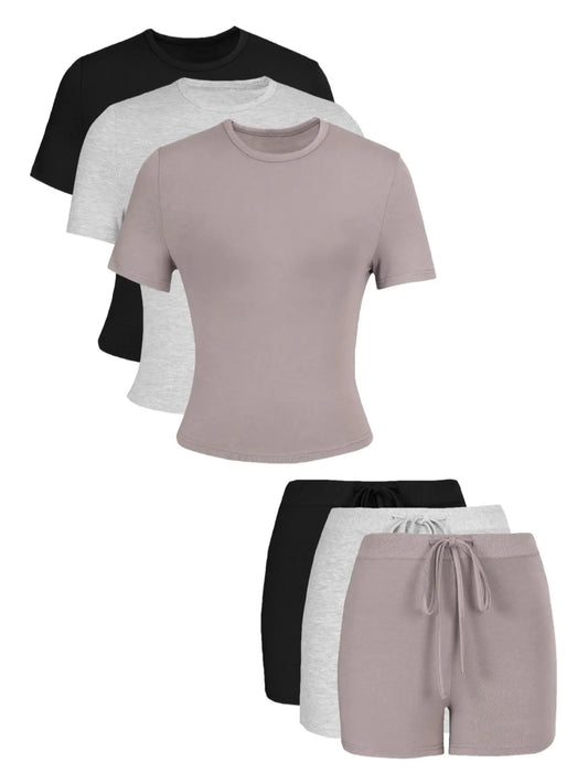 Women's Breathable Solid Color Top & Skinny Shorts Loungewear Set, Casual Comfy Basic Short Sleeve Tee & Set, Ladies Pajama Set Pjs Pyjamas Sleepwear for All Seasons, Fashion Sleepwear Loungewear