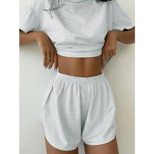 Women's 2-Piece Knitted Nightwear & Loungewear Set - Round Neck Short-Sleeve Loose Top, Split Shorts, Casual Home Wear with Playful Contrasting Stripes, Sohochic