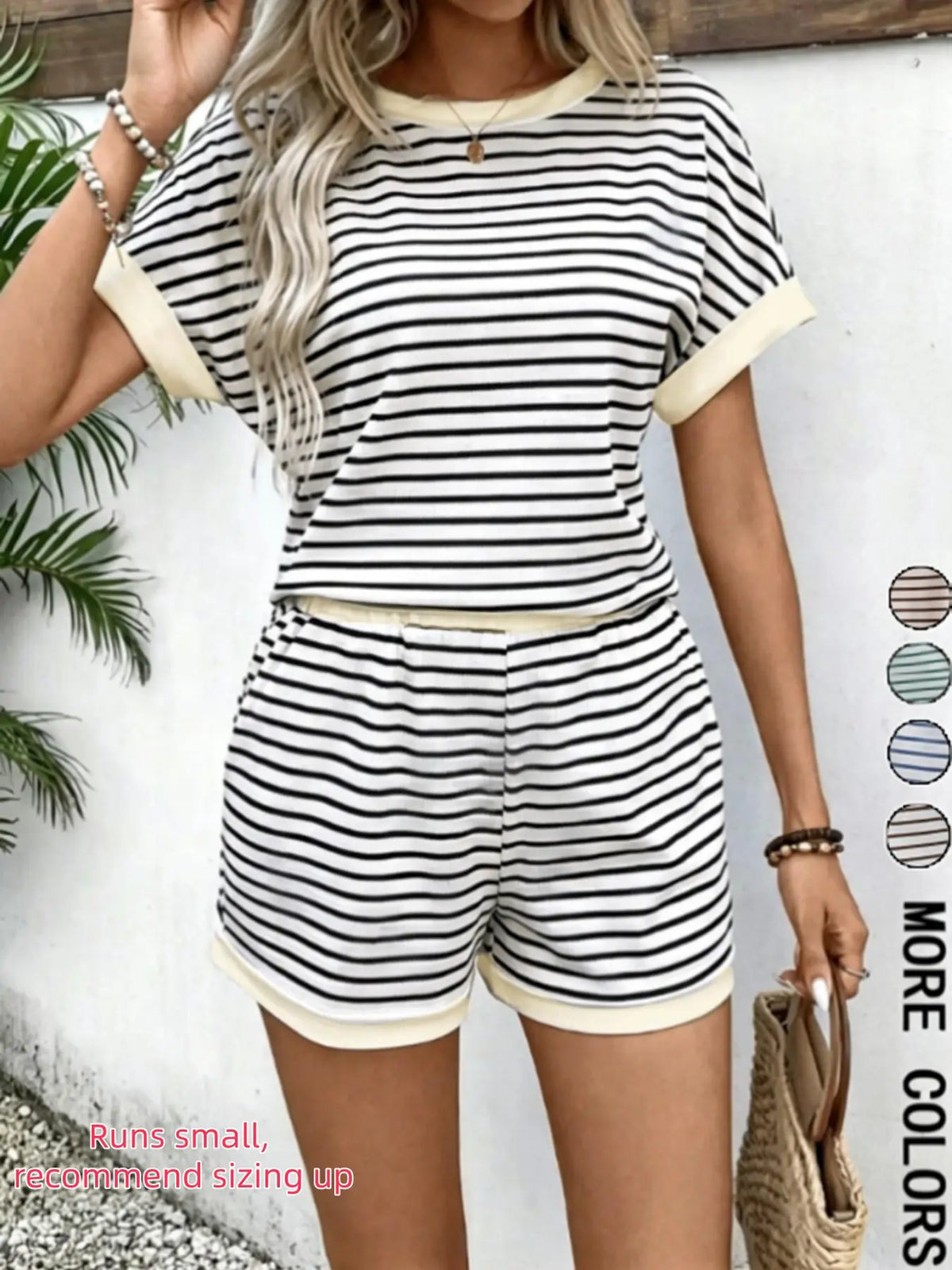 Women's Striped Knit Short Sleeve Top & Shorts Set, Lounge Set, Pajamas for Women, Pjs, Casual Style Summer Homewear, Pyjama Set for Beach and Vacation, Outdoor Wear, Loungewear & Sleepwear, Casual Comfy Pyjama