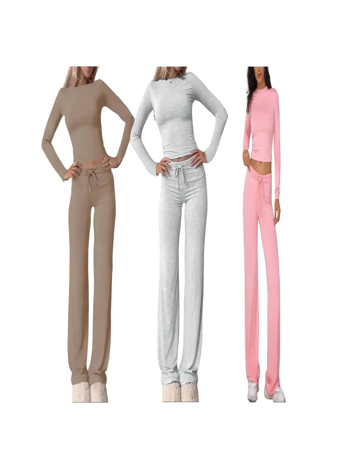 Women's Solid Long Sleeve Crop Top & Drawstring Waist Straight Leg Pants Loungewear Set, Casual Comfy Round Neck Top & Trousers PJ Set, Ladies Sleepwear for Summer & Fall