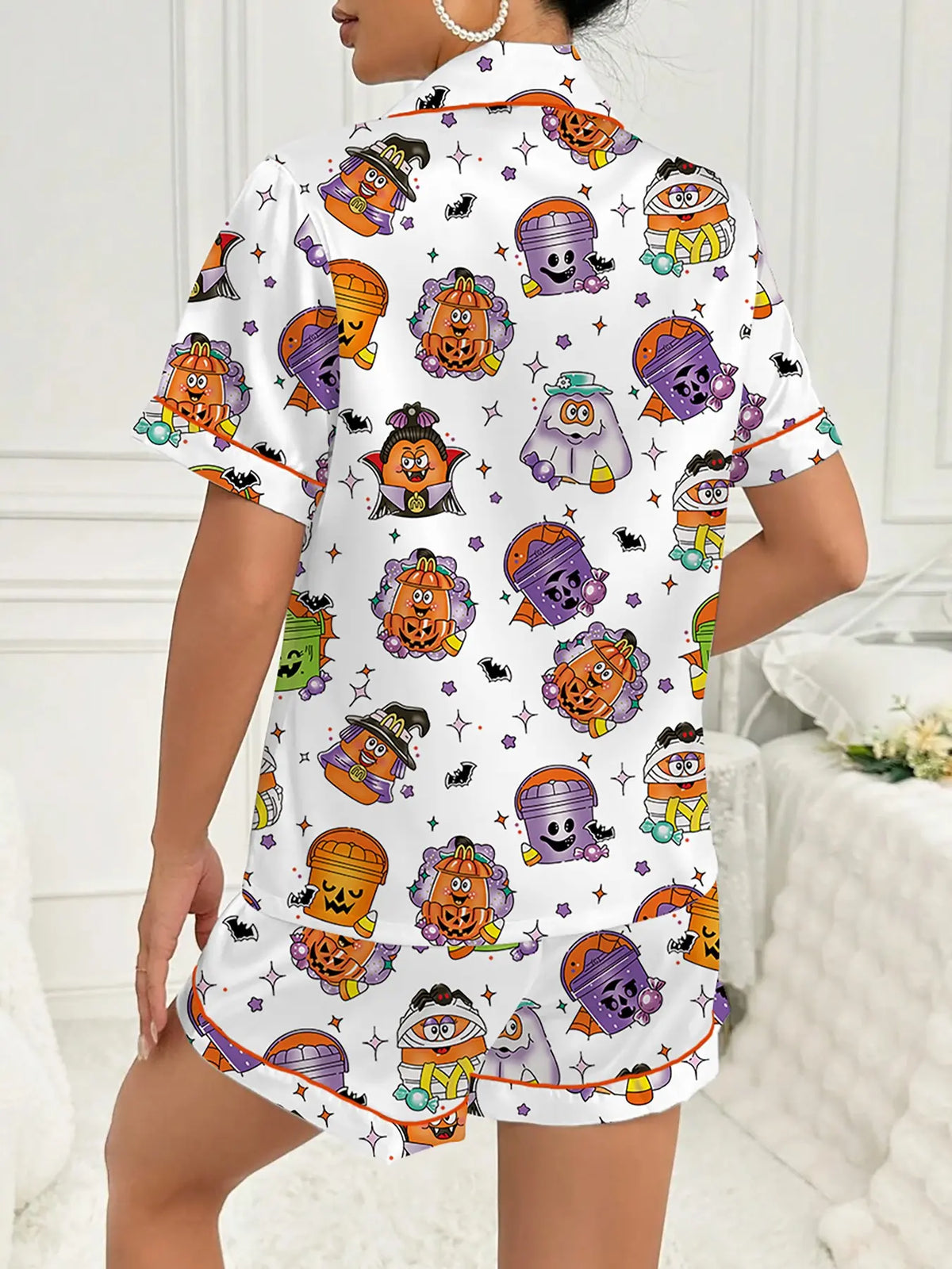 【Halloween】Women's Halloween Print Pajama Set, Printed Pajama Set, Casual Comfy Short Sleeve Top & Shorts Set, Ladies Sleepwear for All Seasons, Party Style Loungewear