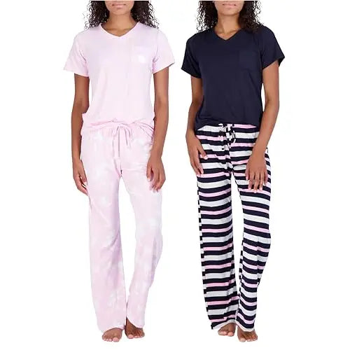 Real Essentials 2 Pack: Women's Comfy Pajama Sets - Short Sleeve Ladies Loungewear Sleepwear PJs (Available In Plus)