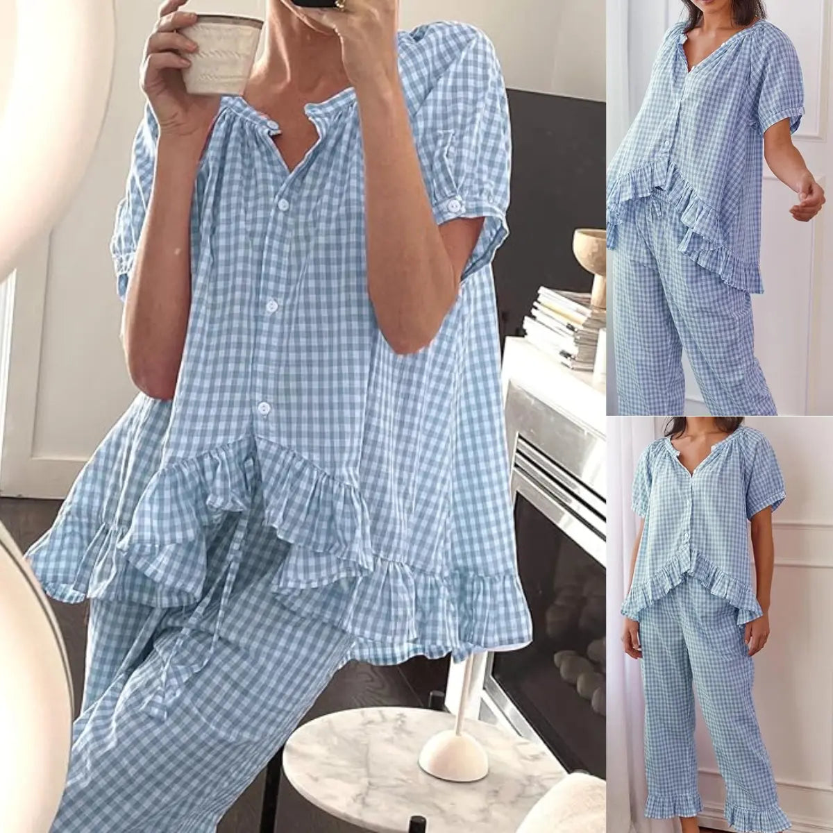 SCUSTY Women Two Piece Sets Y2k Plaid Pajama Sets Ruffle Hem Gingham Short Sleeve Shirt High Waist Bell Bottom Pants Lounge Cute Soft Sets