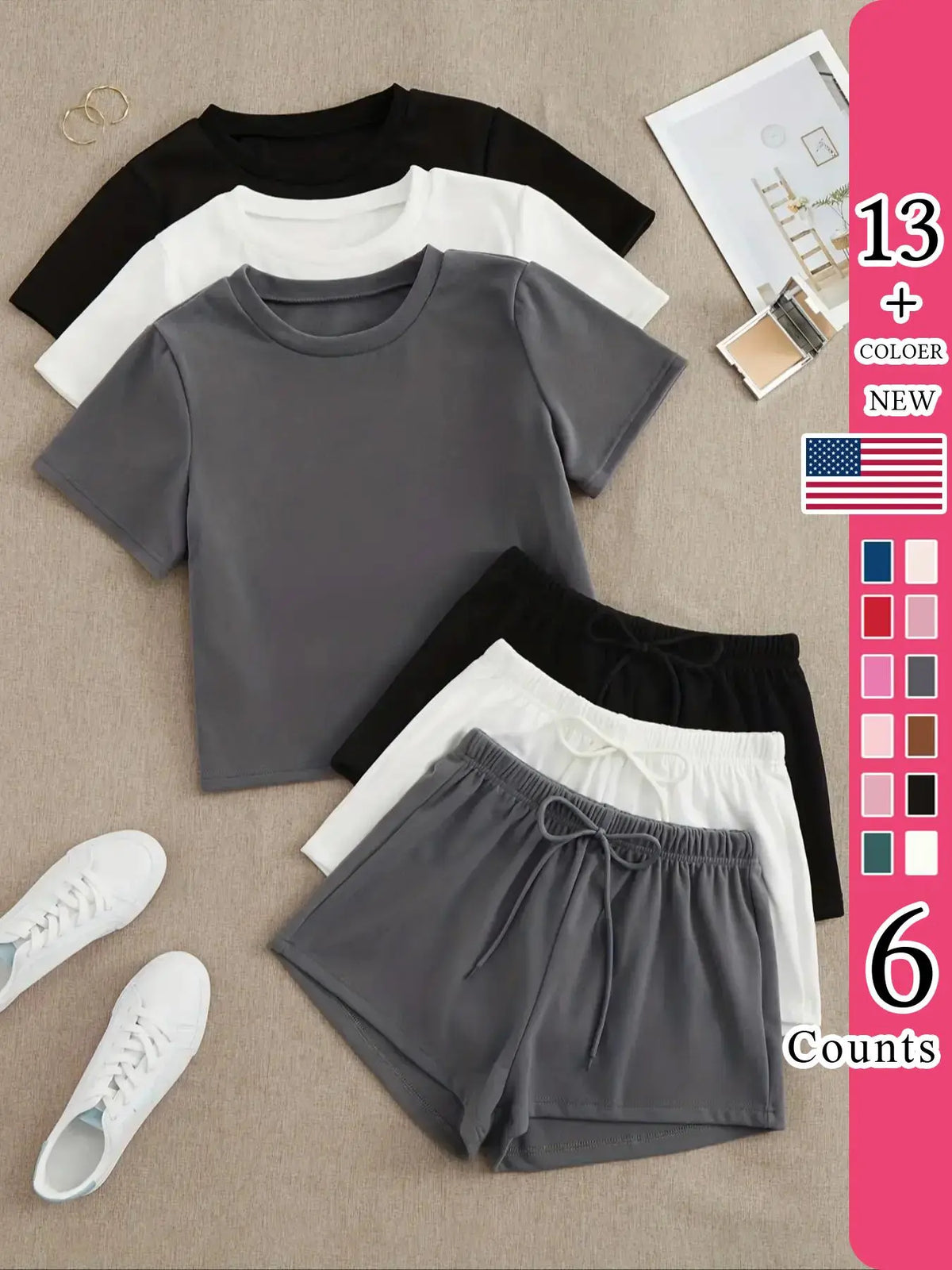 Women's Classic All-Season Pajama Set, Comfortable Round-Neck Short-Sleeve Fitted Top & Elastic Shorts, Solid Color Nightwear, Casual Home Wear, Loungewear