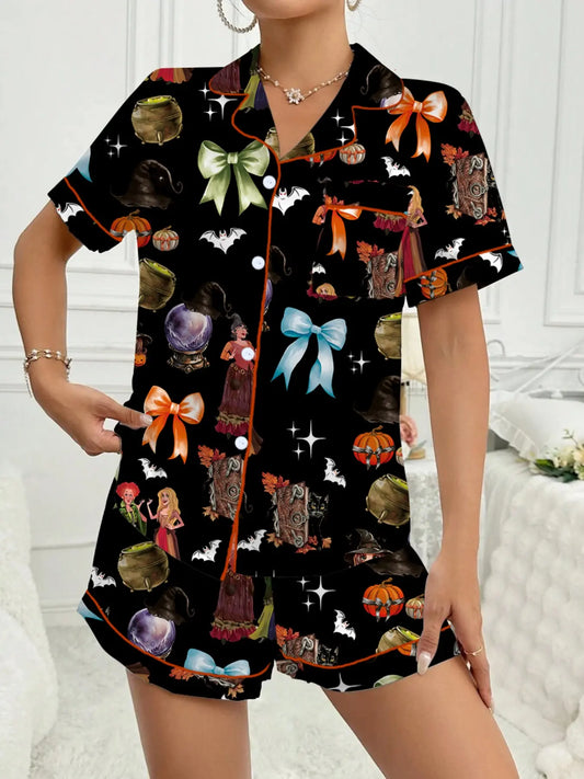 【Halloween】 Pumpkin & Bat Print Short Sleeve Fitted Women's Pajama Set Pjs, Knitted Fabric Sleepwear, Comfortable Elastic Casual Sleepwear and Loungewear for Halloween, Perfect for Sleep and Leisure