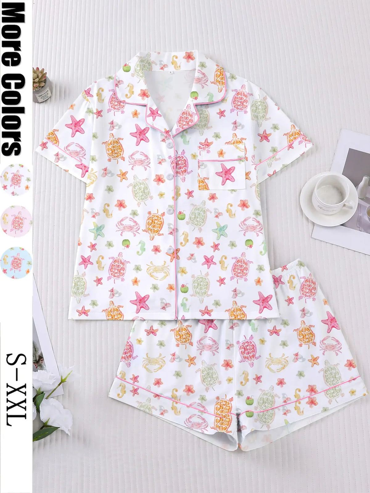 Women's 2-Piece Short Sleeve Sleepwear Set, Pajama Set, Homewear & Loungewear, Fun Oceanic Cartoon Print, Casual Nightwear, Comfortable Lapel Top & Wide Leg Shorts, Lounge Pjs Set