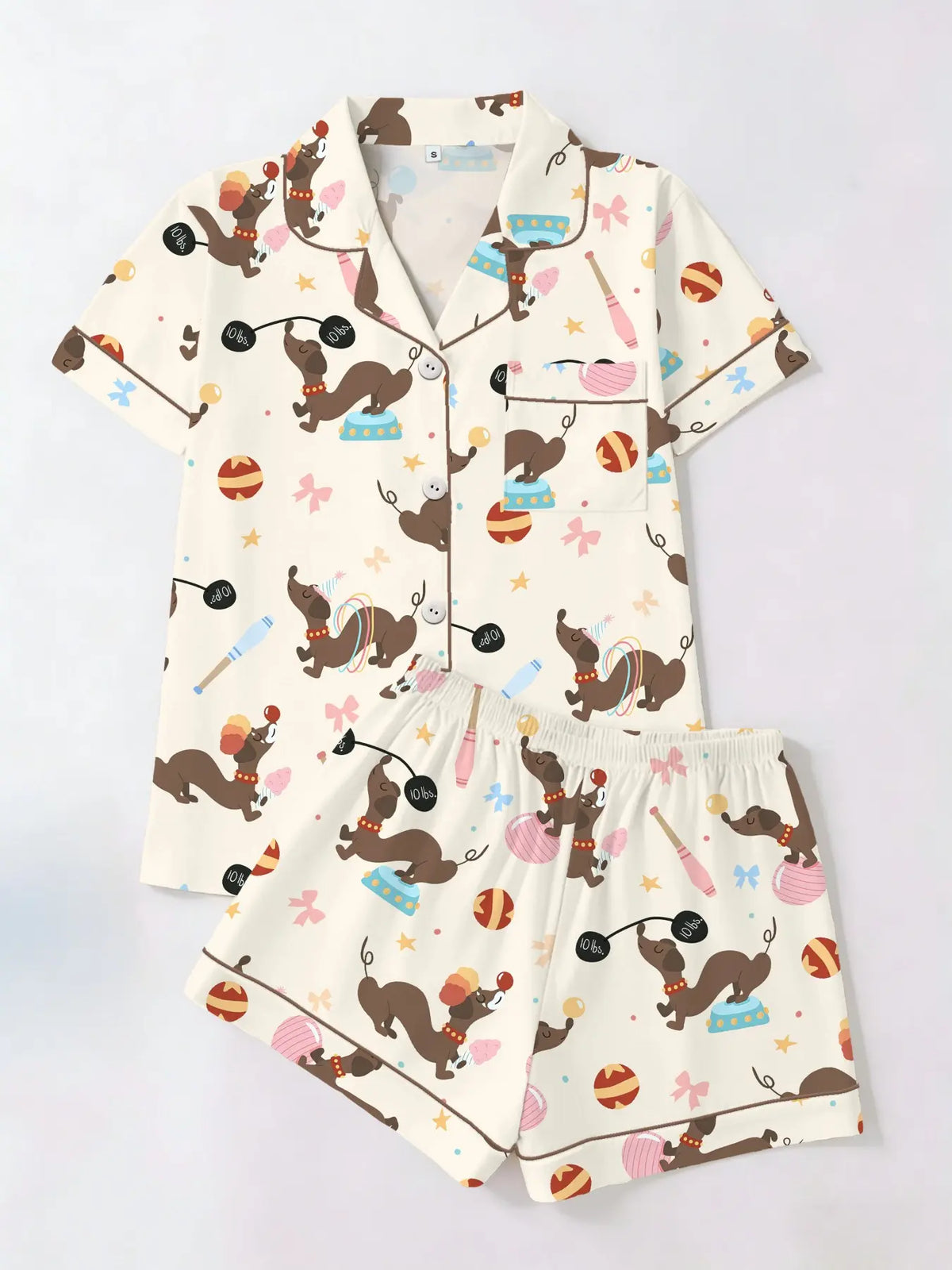 Women's Trendy Aesthetic Colorful Sausage-Dog Print Loungewear Set, Short-Sleeve Top and Shorts Sleepwear Set, Two-Piece Casual Fitted Pajama Suit, Nightwear Pajama Set for All Seasons