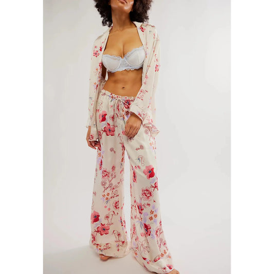 Women's Floral Satin Pajama Set, Long Sleeve Button-Down Shirt & Wide Leg Pants, Silky Sleepwear Loungewear Set for Women