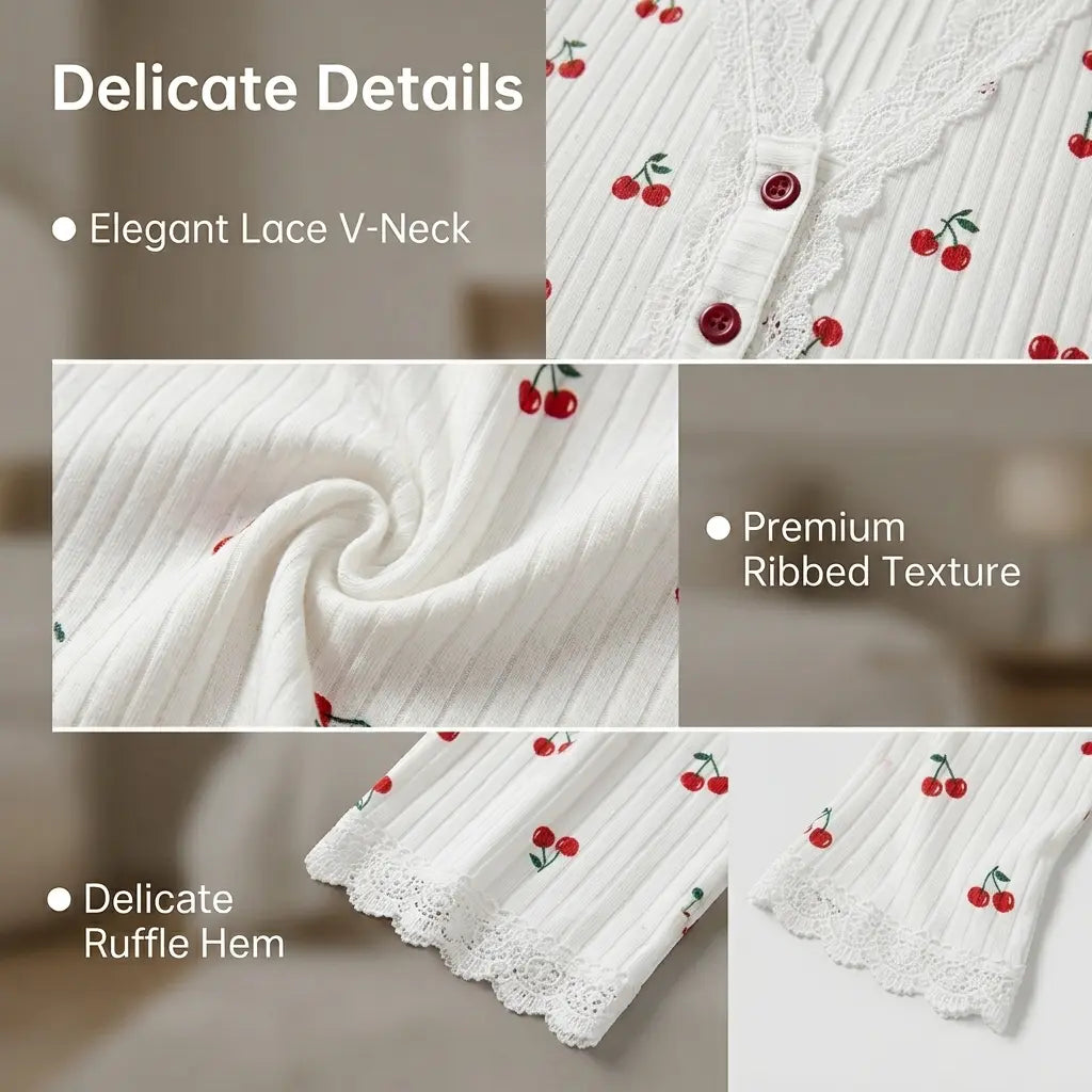 FEITAI Women's 2-Piece Cute Knit Ribbed Top Pajama Set - Short Sleeve Button-Front Sleepwear, Soft Fabric, Loose Fit, Lace-Trimmed Bottoms, Stylish Loungewear Home Outfits