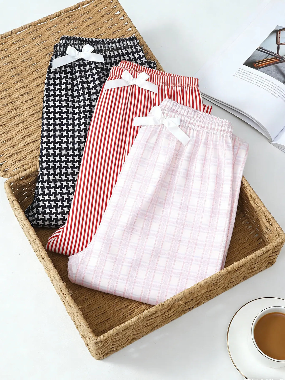 Women's 3 Pack Long Pajama Sleep Pants, Spring & Summer Wearable, Plaid Print with Bow Decor, Daily Versatile Style, Basic Casual Home Loungewear, Indoor Sleepwear, Pajama Sleepwear, All Season Nightwear, Sleep Bottoms