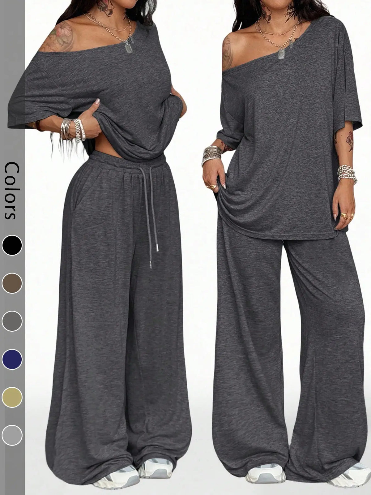Women's 2-Piece Sleepwear Set Loungewear Outfit, Casual Solid Color, Loose Short Sleeve Top and Long Pants, Comfortable Homewear