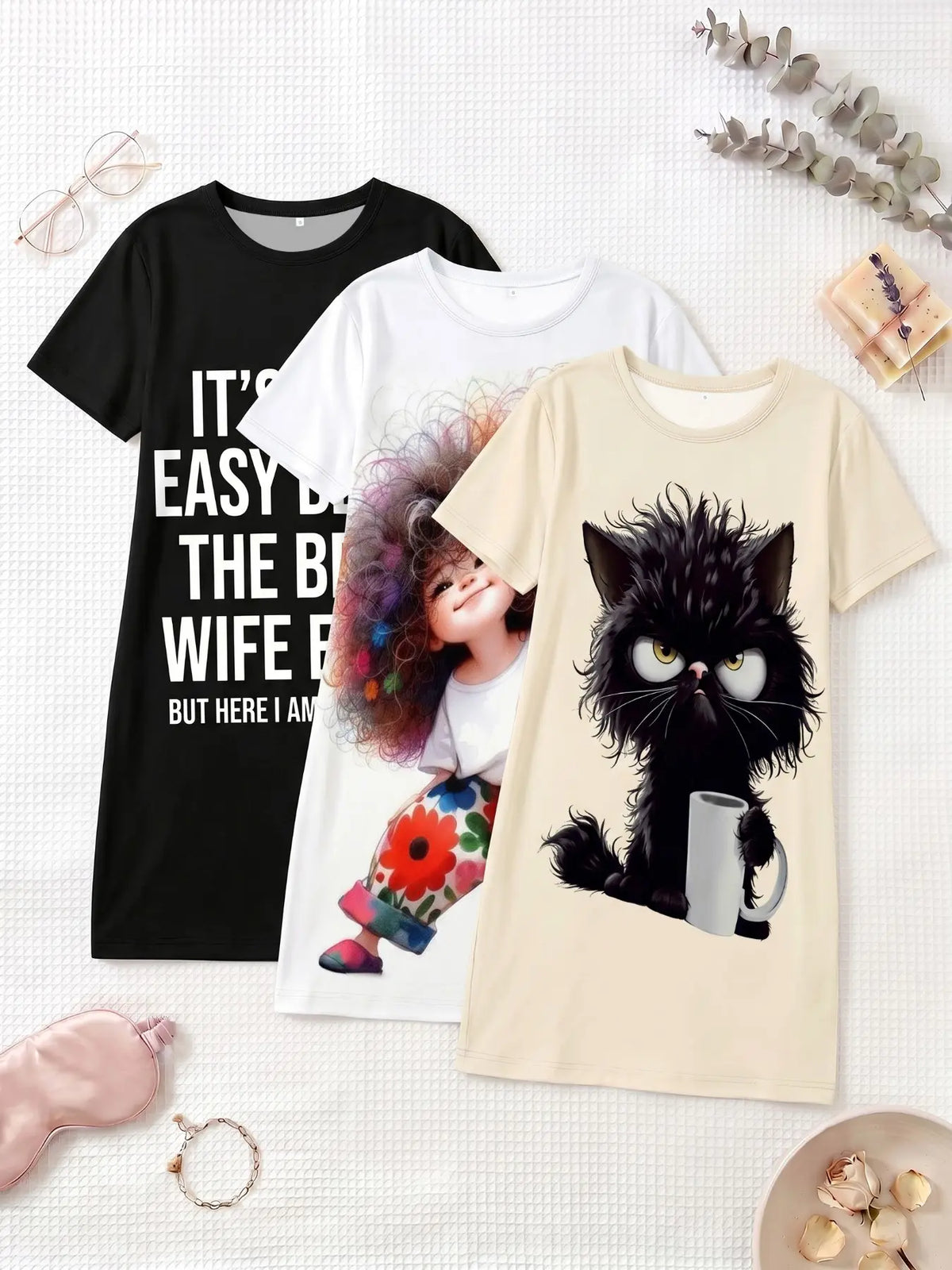 3-Piece Set Cute Plush Animal Large Print Short Sleeve Round Neck Women's Nightgown Pajamas Pjs, Spring Summer Autumn Wear, Casual Home Sleepwear