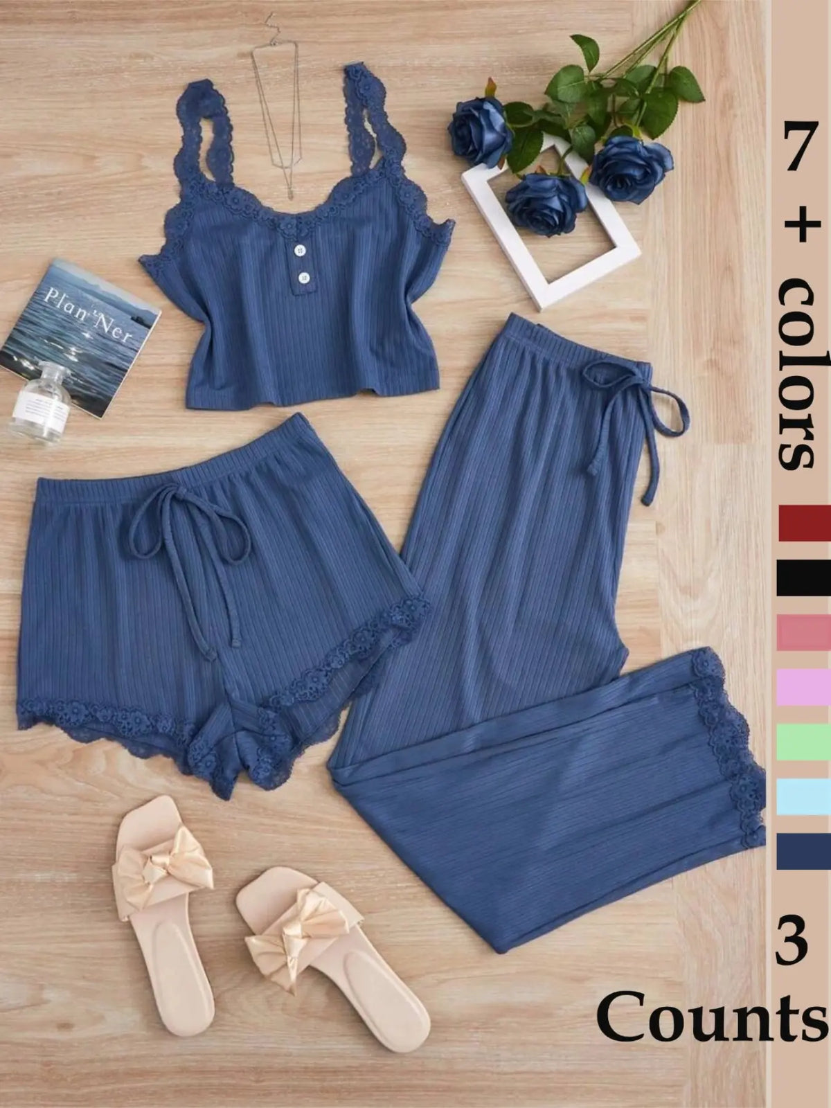 Women's Sleepwear Set, Three-Piece Lace Trim Tank Top & Shorts & Long Pants Pajamas, Soft Breathable Comfortable Casual Loungewear Outfits, Home Clothes Loungewear