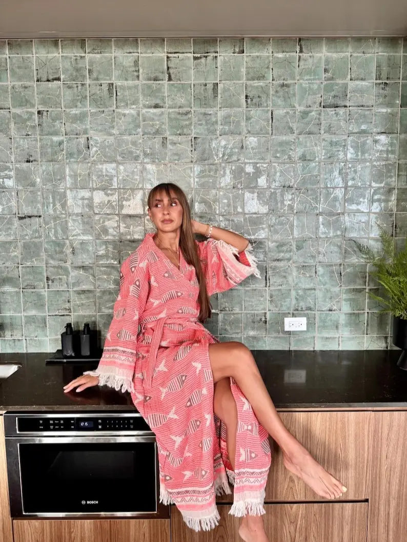 Handwoven Organic Cotton Kimono Robe, Fish Print Robe, Beach Cover-Up , Gift for Her
