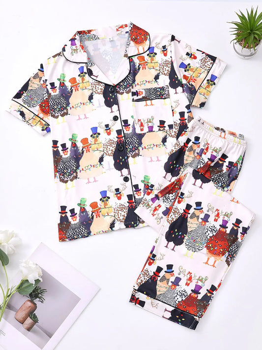 Women's Cartoon Print Pajama Set, Comfortable Short Sleeve Shirt Top & Elastic Waist Pants, Casual Nightwear for All Seasons Halloween Pjs