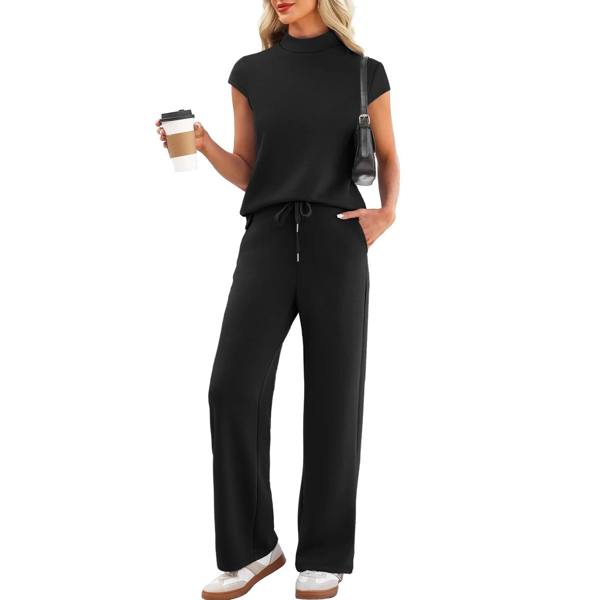 Women's 2-Piece Minimalist Lounge Set - Mock Neck Short Sleeve Top, Wide Leg Drawstring Pants, Breathable Fabric Summer Travel Basics, Cap-Sleeve Chic Sohochic