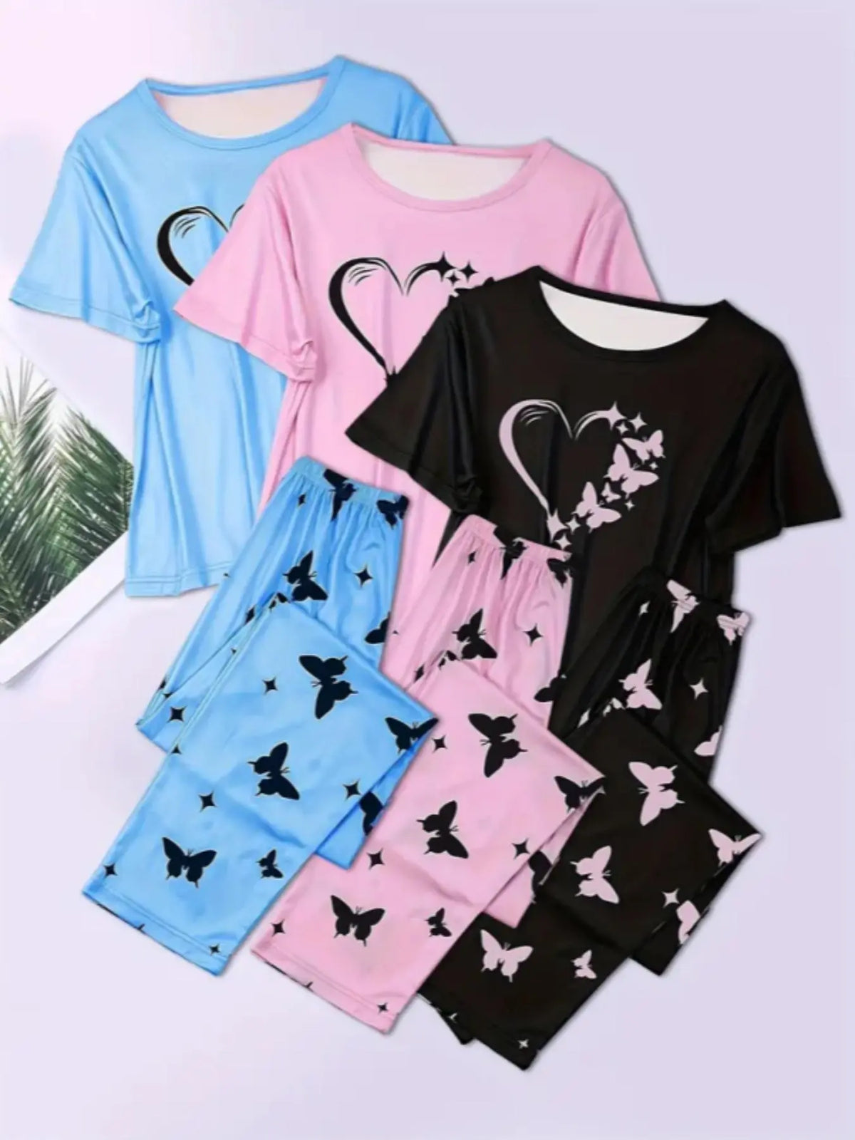 6-Piece Aesthetic Heart Butterfly Print Knitting Pajama Set, Short Sleeve Round Neck Top and Elastic Waist Pants, Women's Sleepwear, Pyjamas, Loungewear and Casual Wear, All Seasons, Fit
