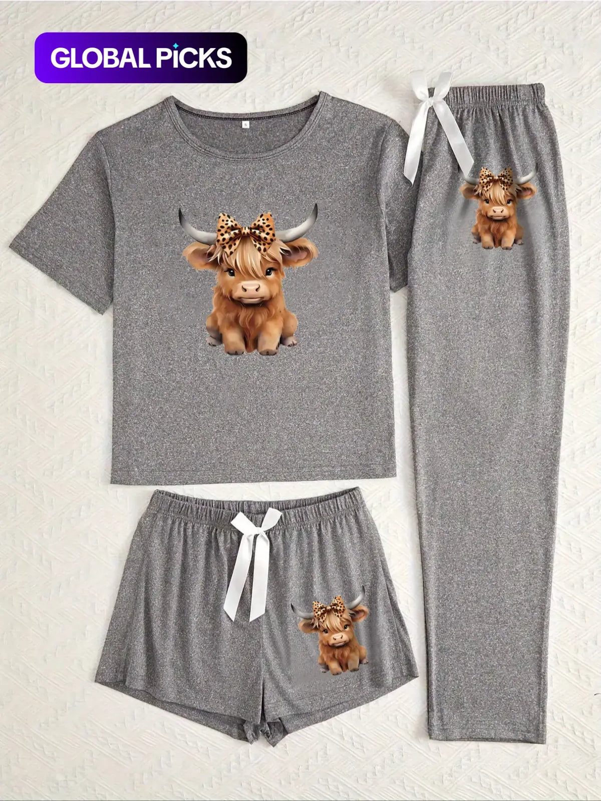 Cartoon Highland Cow Print Women's Pajama Sets, Casual Pajamas Set, Casual Comfy Pajama, Matching Pyjamas, Casual All Seasons Nightwear, Fitted Knitted Fabric Sleepwear & Loungewear