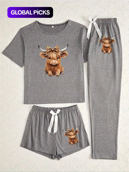Cartoon Highland Cow Print Women's Pajama Sets, Casual Pajamas Set, Casual Comfy Pajama, Matching Pyjamas, Casual All Seasons Nightwear, Fitted Knitted Fabric Sleepwear & Loungewear