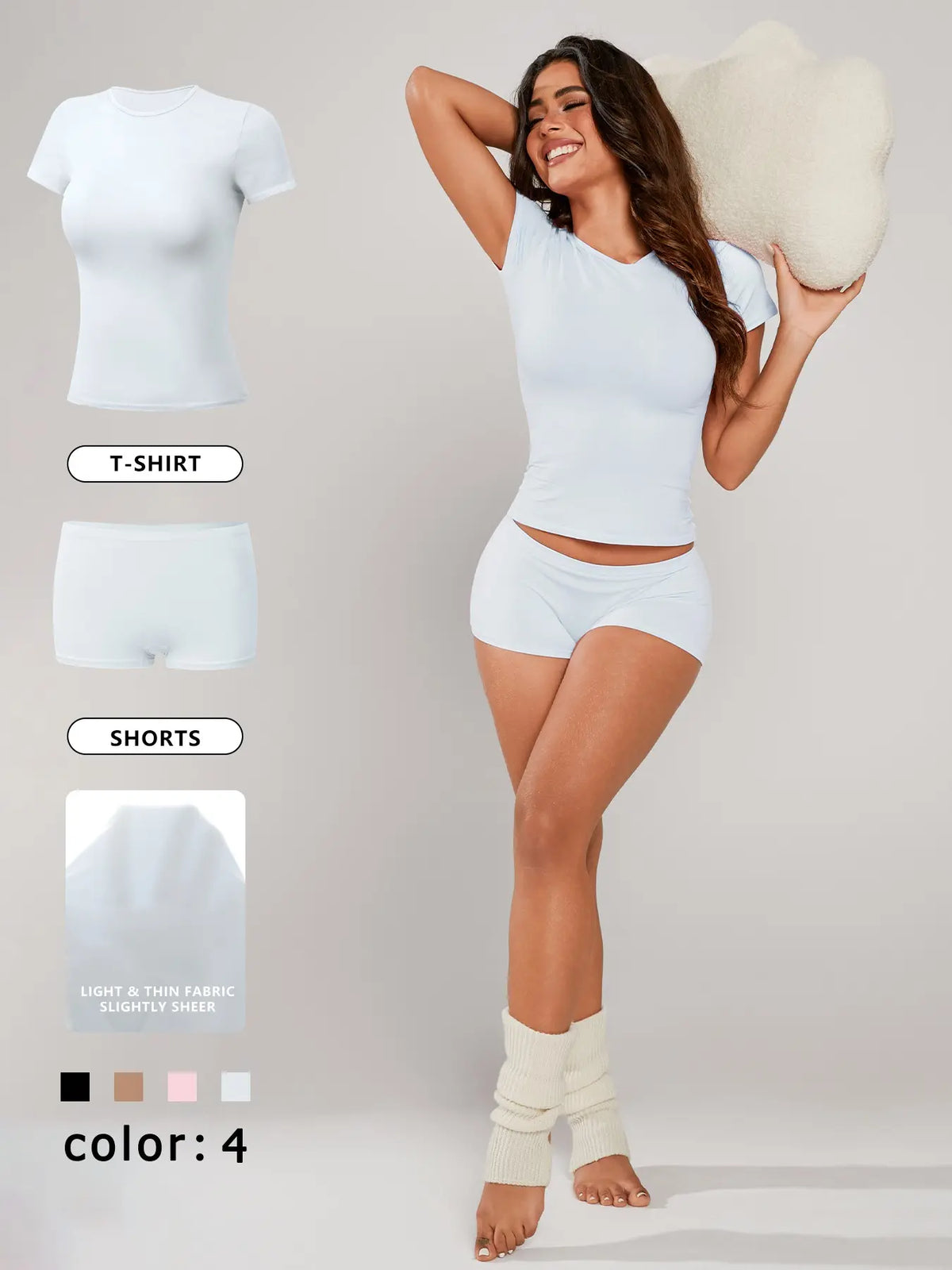Women's Solid Crop Tee & Shorts Loungewear, Casual Comfy Round Neck Short Sleeve T-Shirt & Shorts PJ Set, Ladies Sleepwear for All Seasons, Pajama, Casual Lightweight Loungewear