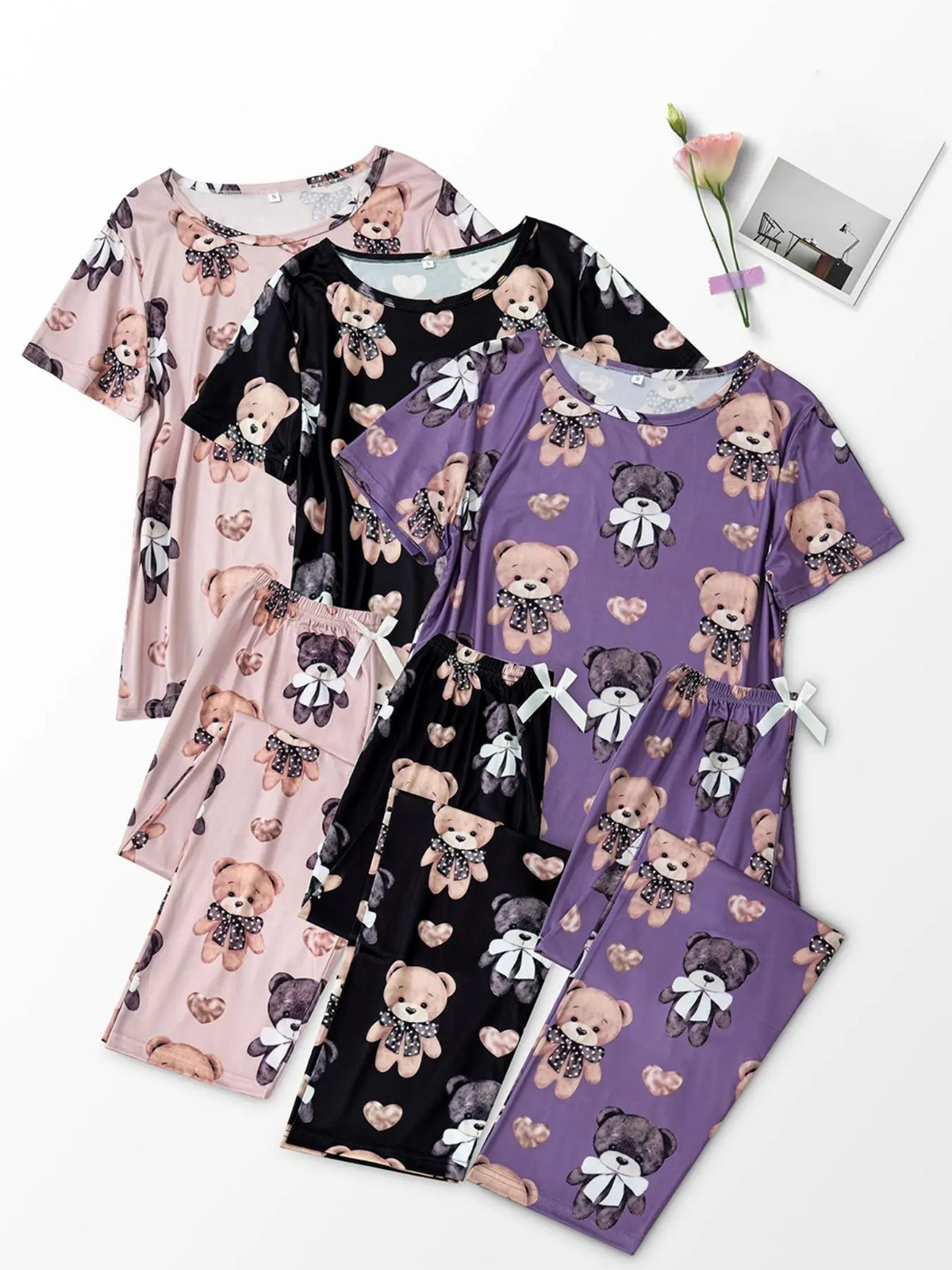 6-Piece Aesthetic Heart Butterfly Print Knitting Pajama Set, Short Sleeve Round Neck Top and Elastic Waist Pants, Women's Sleepwear, Pyjamas, Loungewear and Casual Wear, All Seasons, Fit