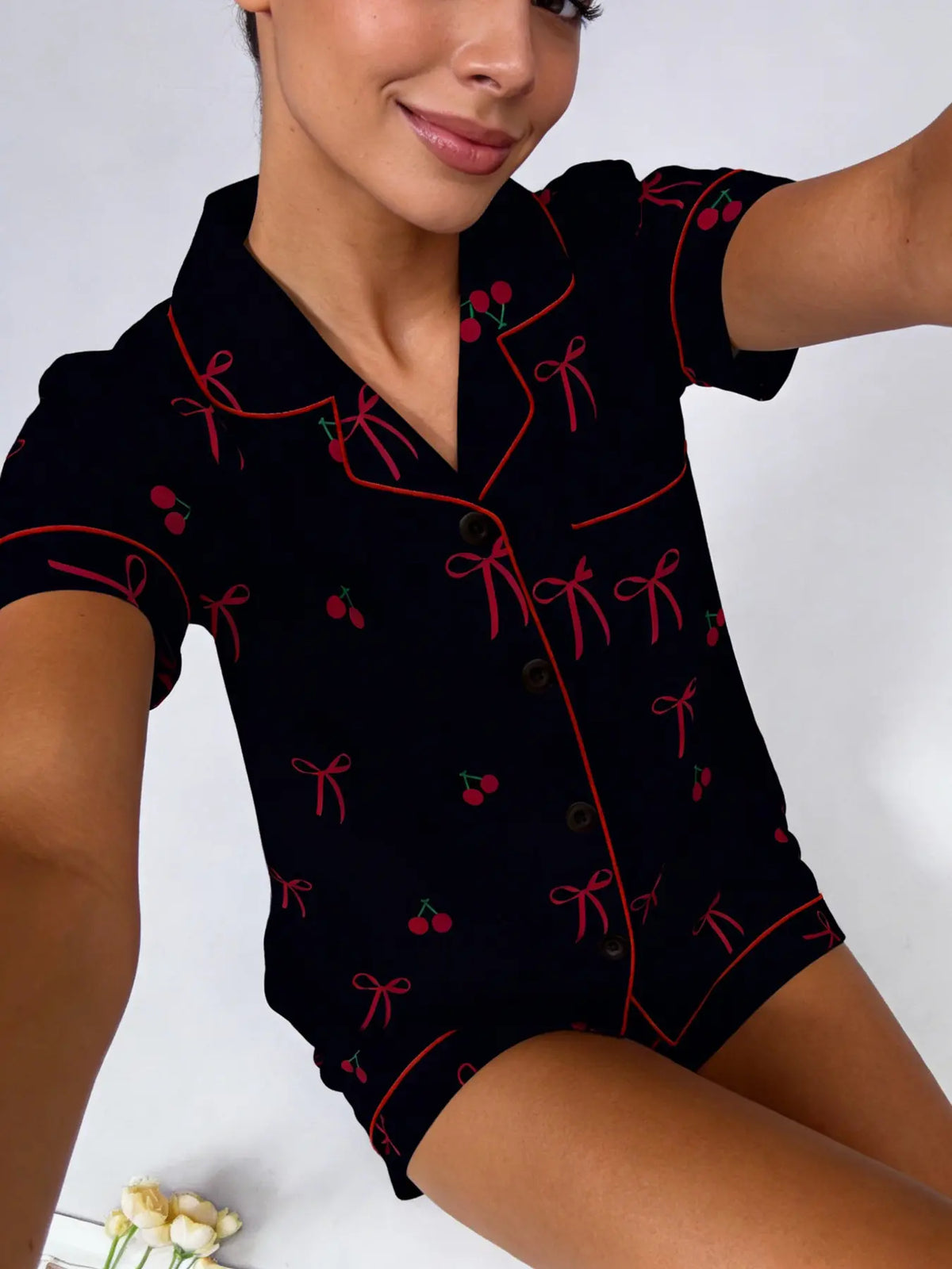 Women's Cherry Bow Printed Sleepwear Set, Short Sleeve Shorts Lapel Open Front Home Wear Two-Piece Set, Comfortable Sofa Loungewear Pajamas