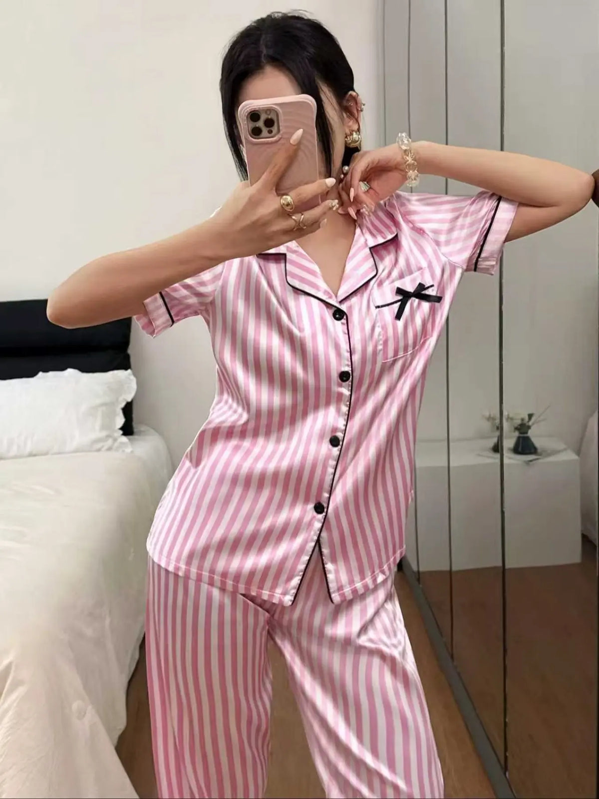 Women's Luxury Striped Satin Sleepwear Set, Soft Fabric Short Sleeve Button-Up Top and Elastic Waist Pants, Casual Home Clothing Loungewear Pjs Set
